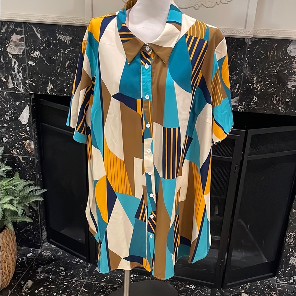 Geometric Multicolor Button-Up Women's Top